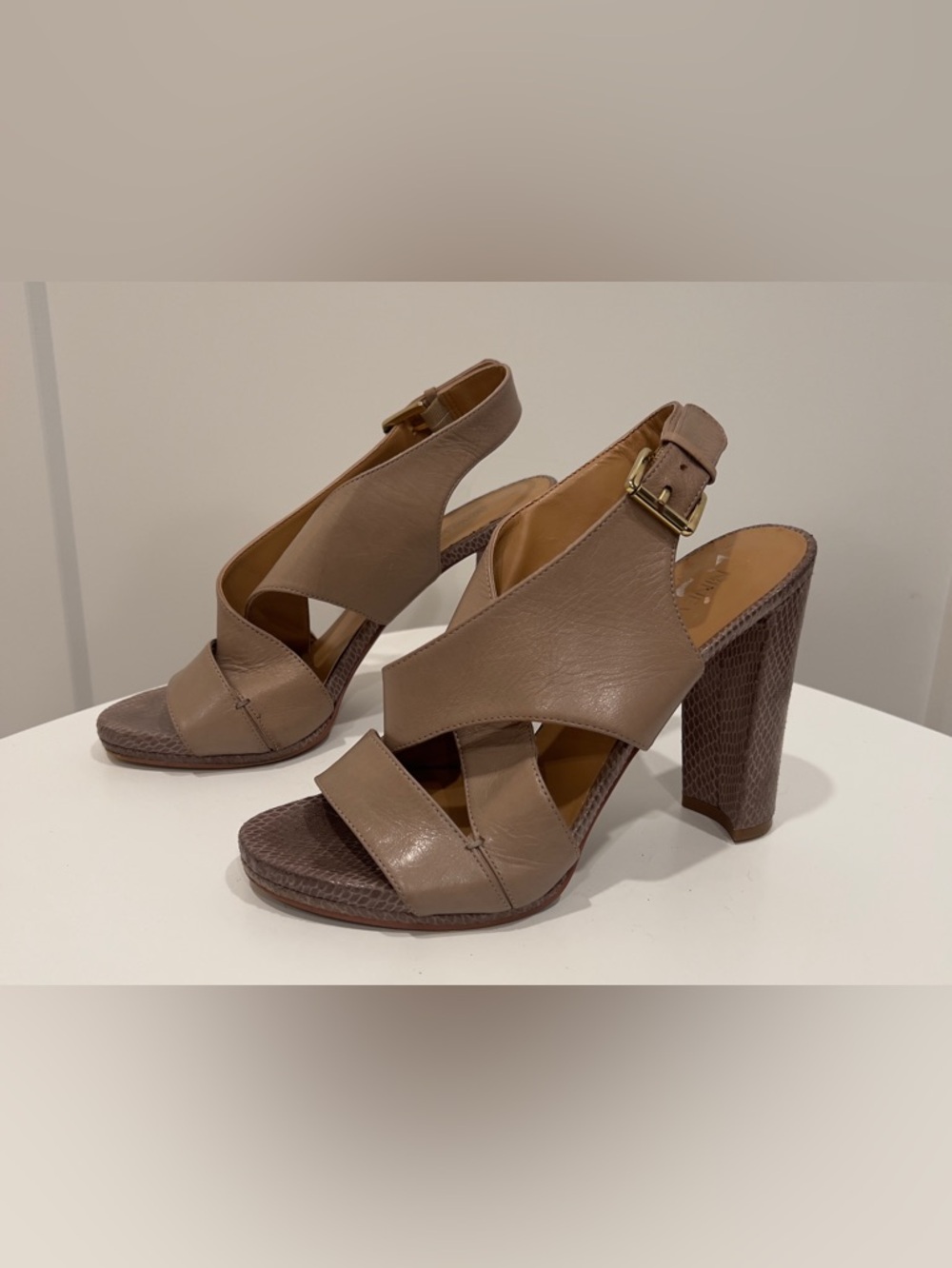 Nine West- Women's Taupe Leather Slingback Heeled Sandals